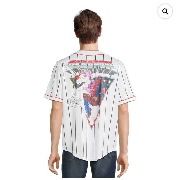 Marvel Men's M Deadpool Baseball Jersey Unicorn Graphic White Red Stripe Retro - Picture 1 of 9